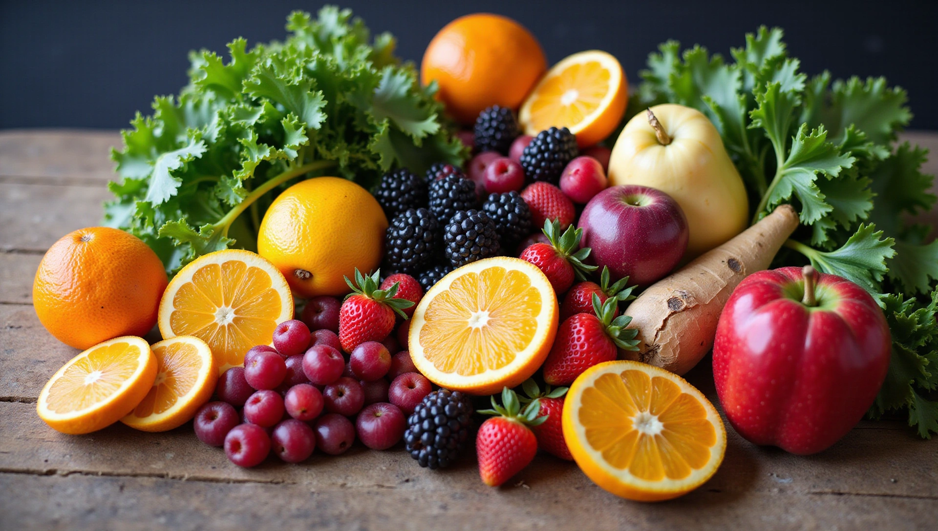 Frutta e verdura fresca e vibrante, disposta artisticamente