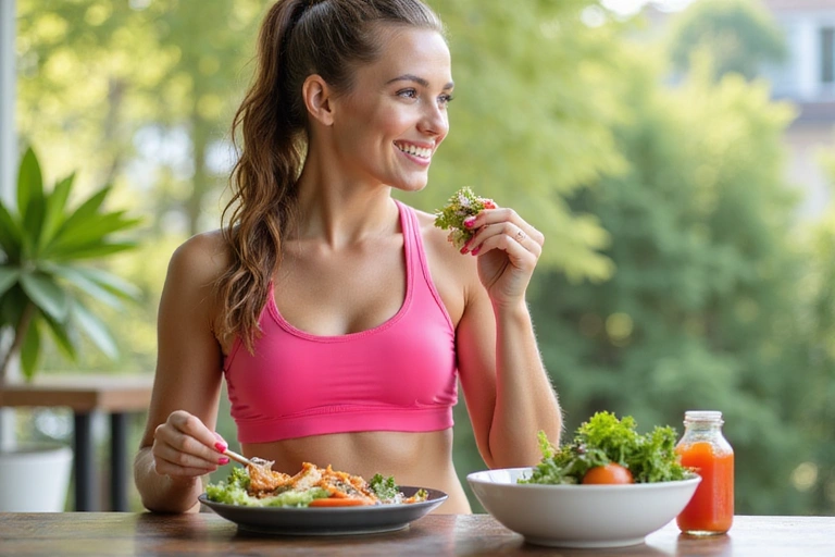 Donna sorridente che si allena e mangia sano, mostrando benessere